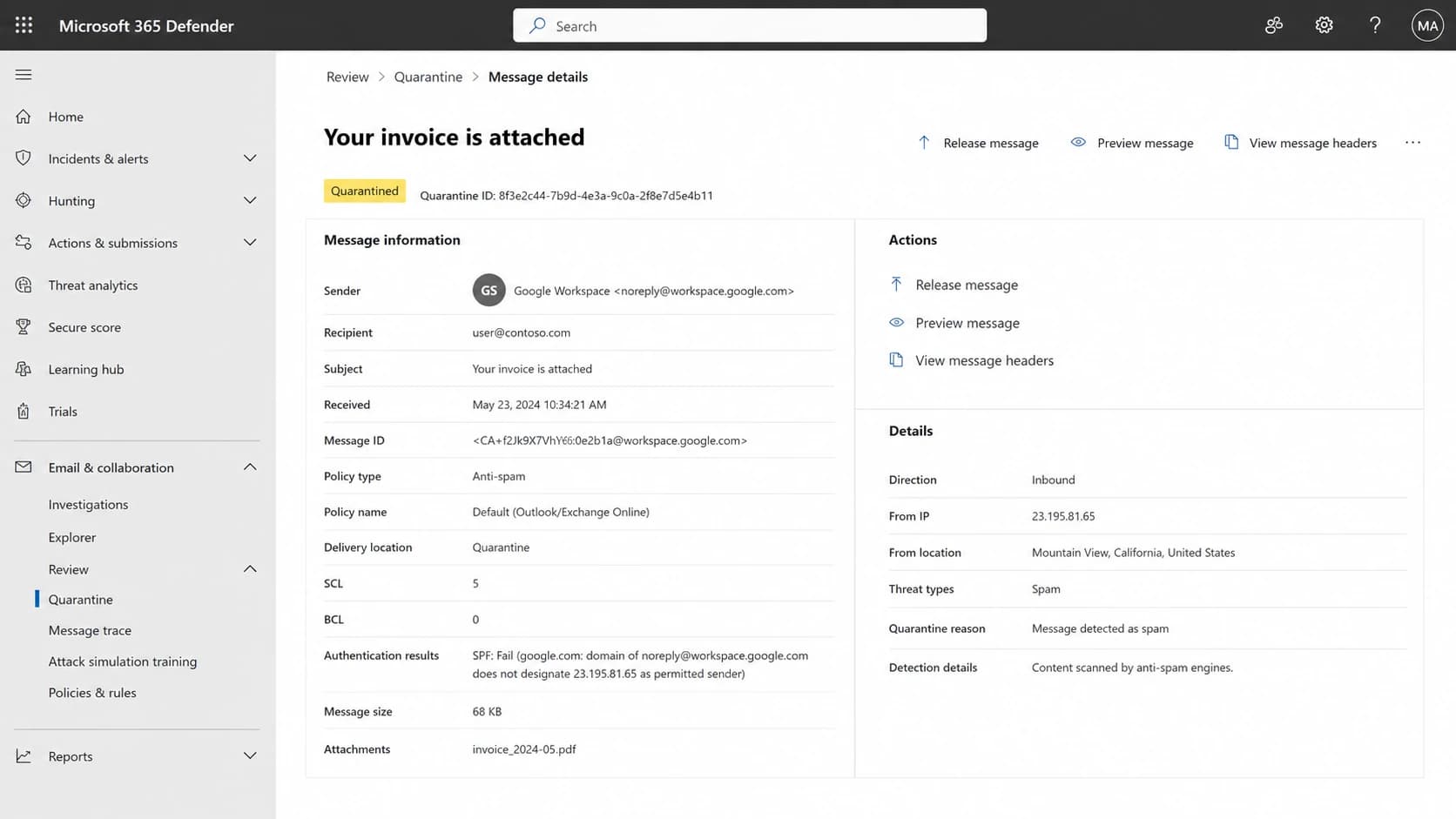 Microsoft Defender for Office 365 quarantine details for a Google Workspace email.