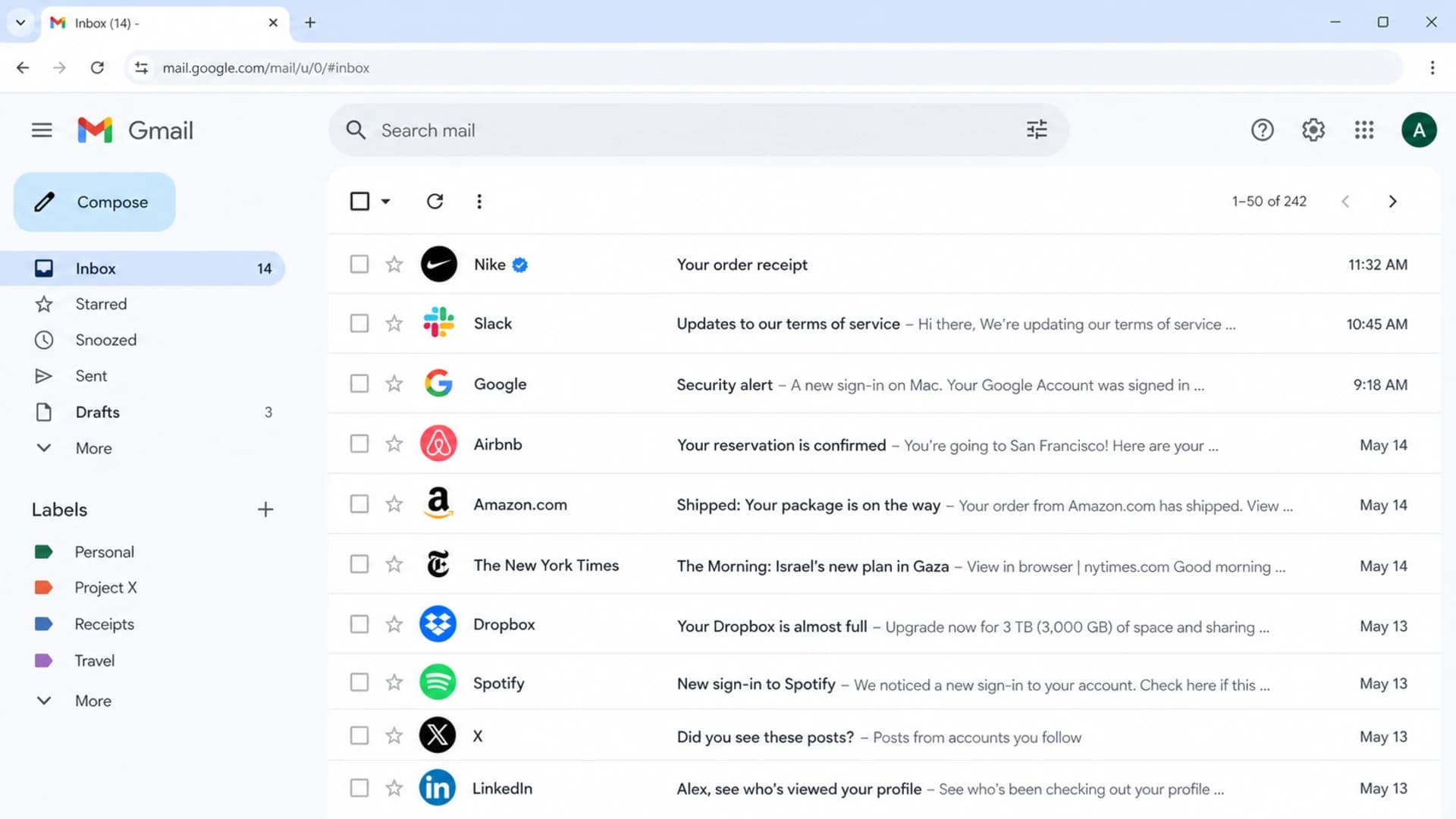 Gmail inbox row showing a brand logo and verified sender check mark.