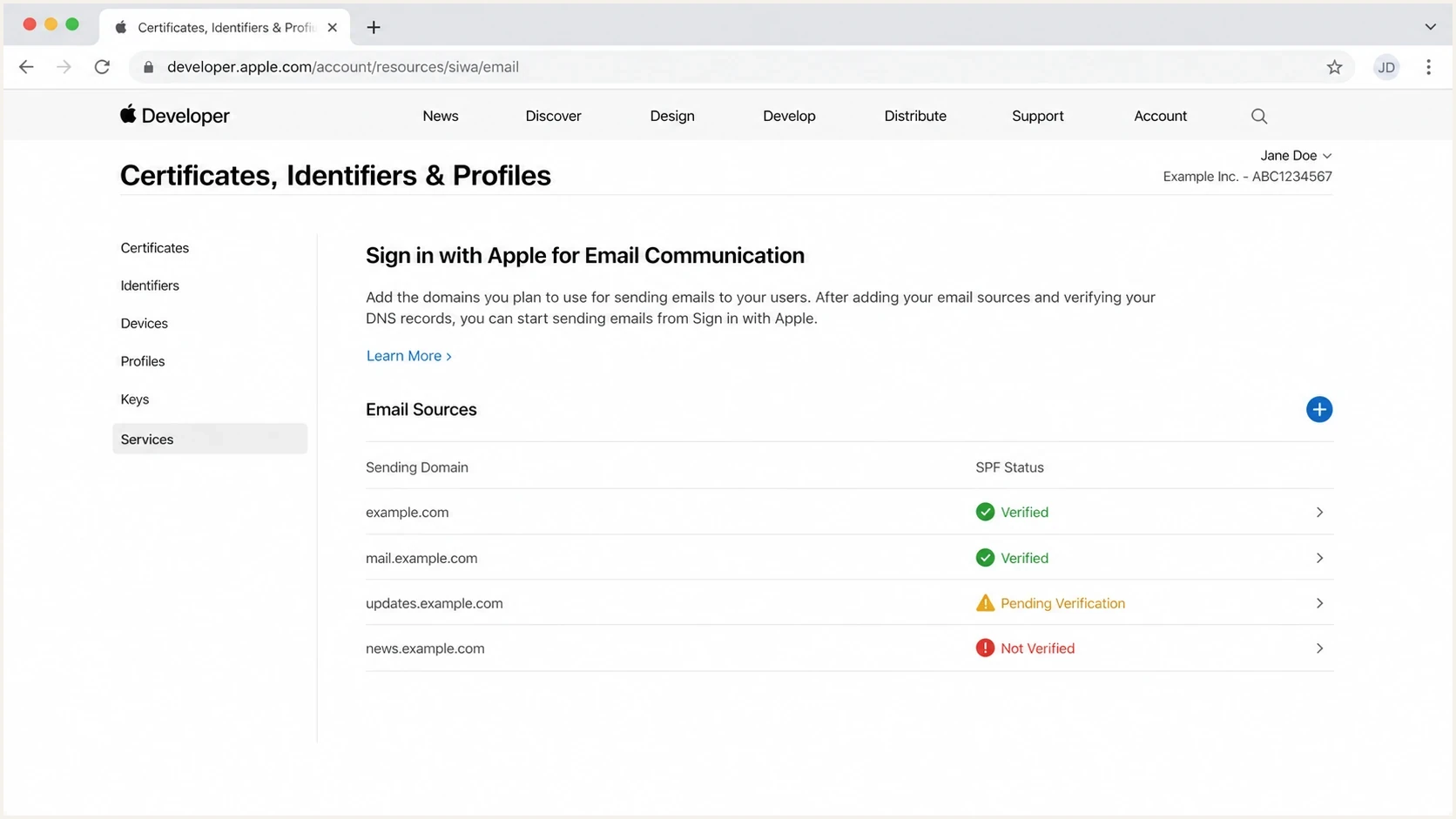 Apple Developer account screen for configuring Sign in with Apple email sources.