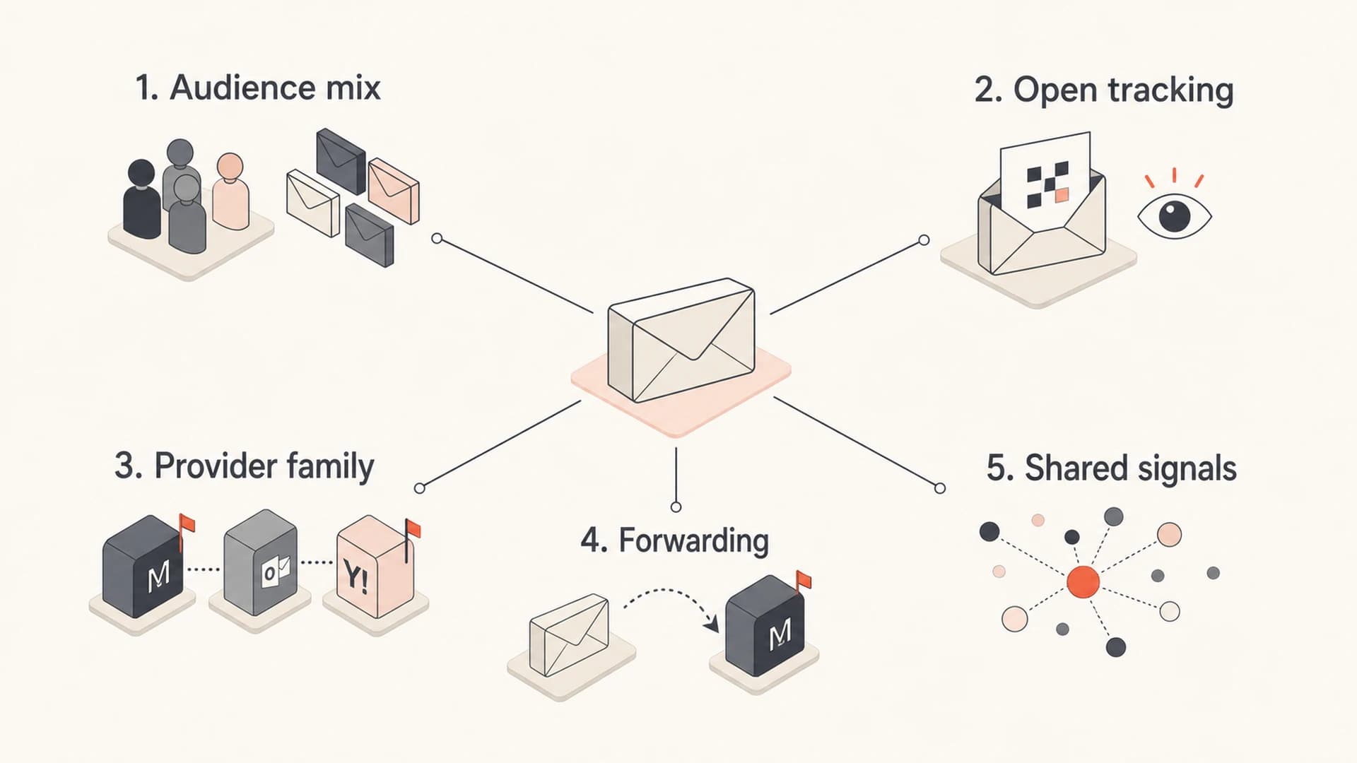 Five causes of cross-provider open-rate lifts: audience mix, tracking, provider family, forwarding, and shared signals.
