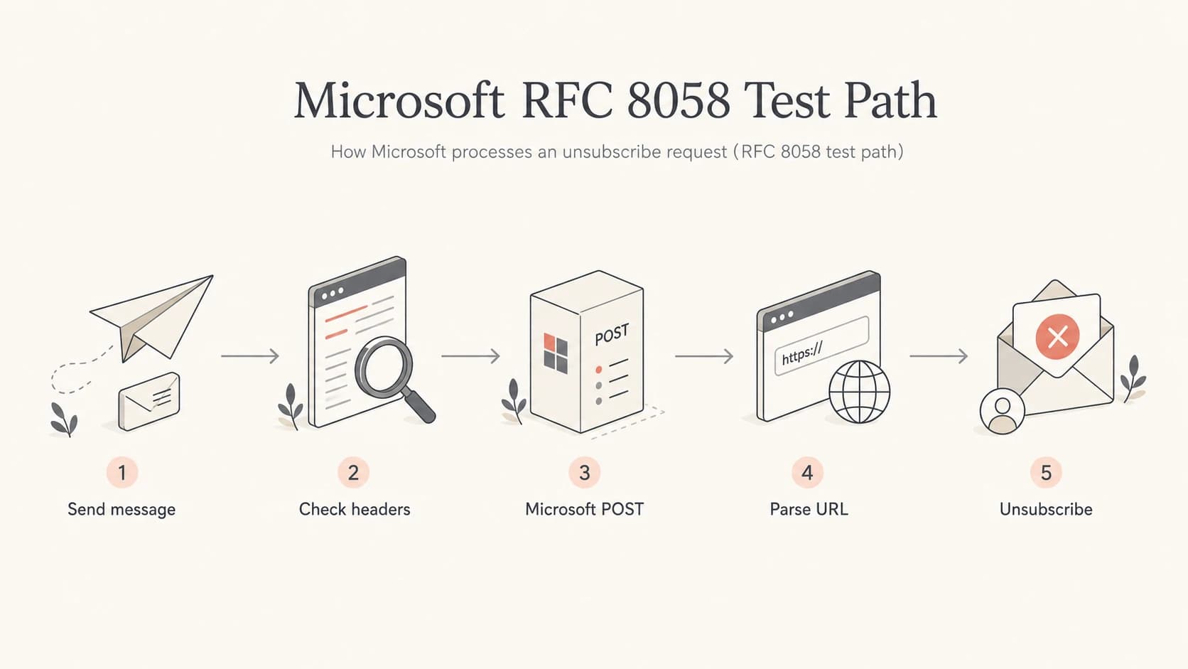 Flowchart showing the Microsoft RFC 8058 one-click unsubscribe path.