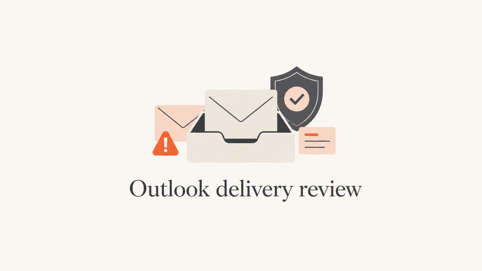Editorial thumbnail showing an inbox tray, envelope shapes, and a shield for Outlook delivery review.
