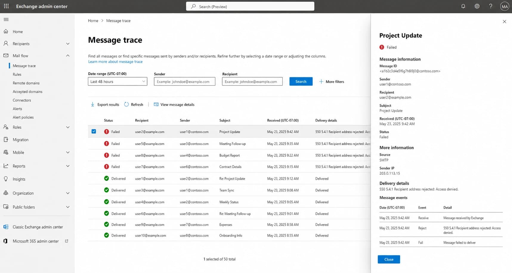 Microsoft 365 Exchange admin center message trace showing 550 5.4.1 failures.