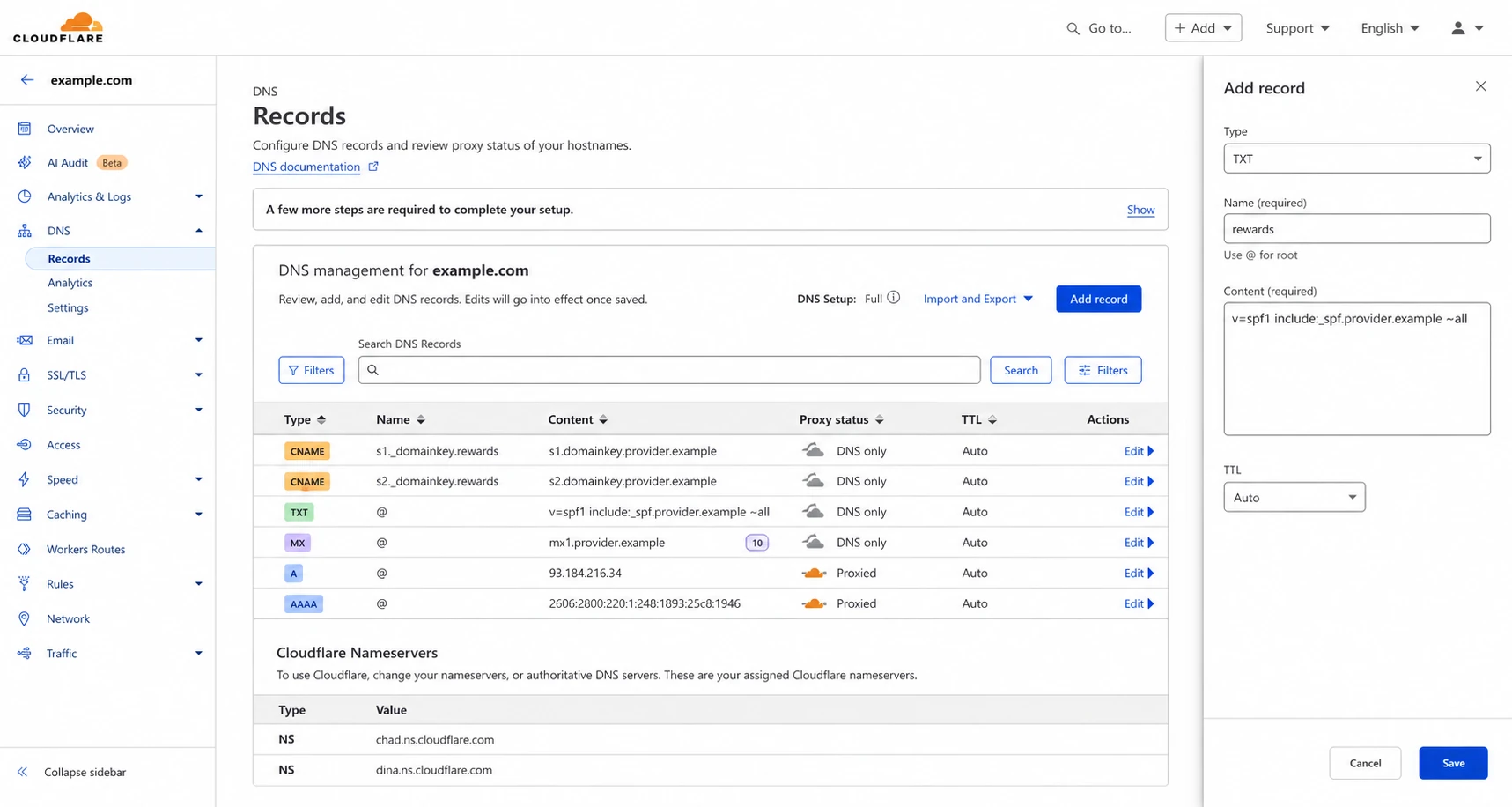 Cloudflare DNS screen showing SPF and DKIM records for a subdomain