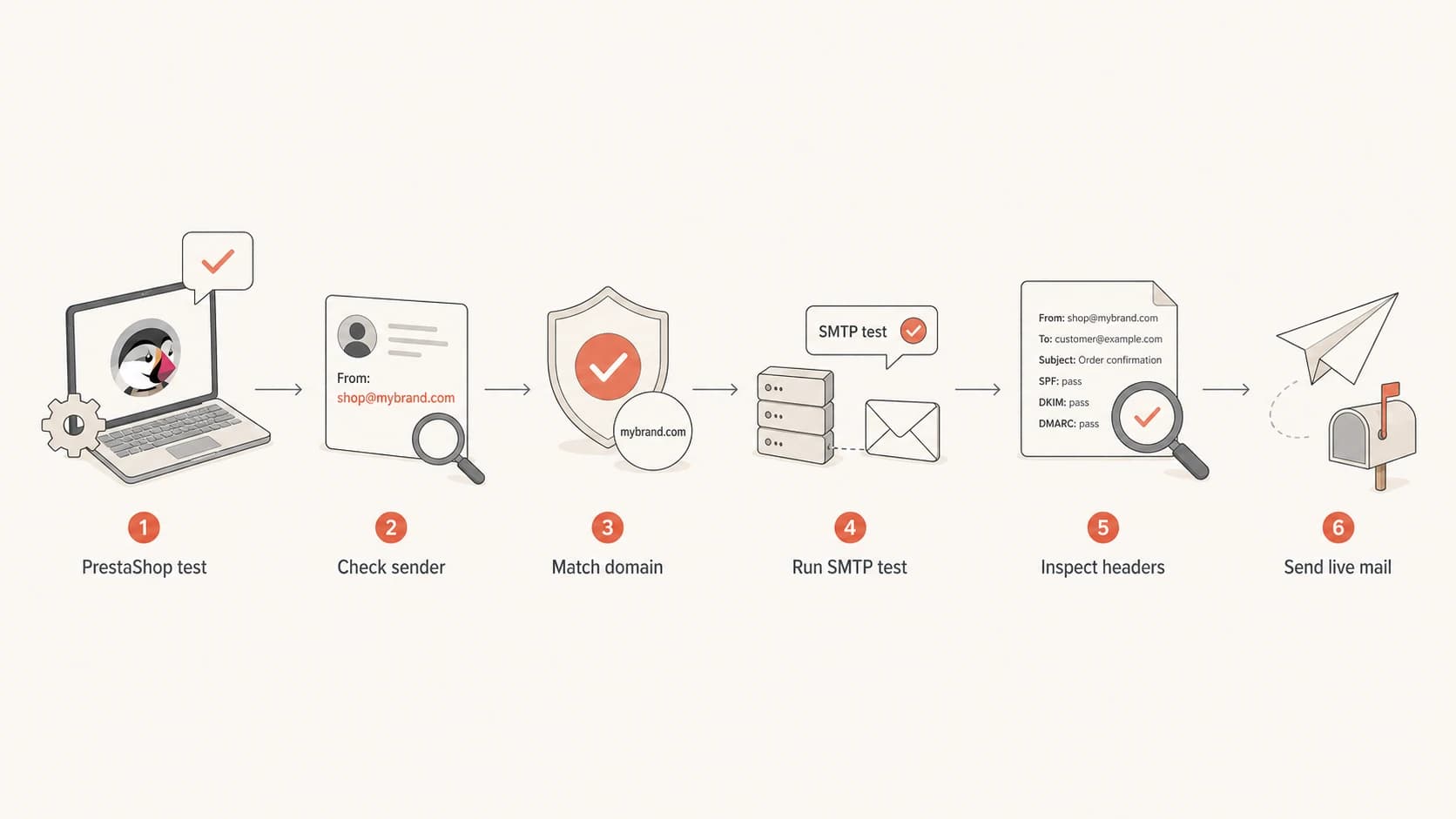 Flowchart for diagnosing PrestaShop custom SMTP sender-domain mismatch.