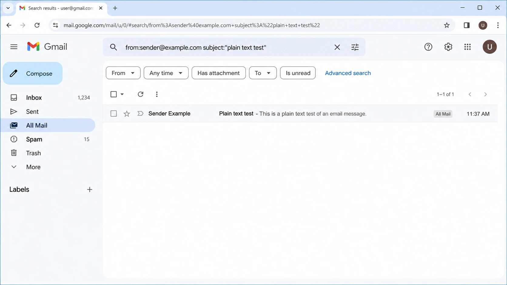 A Gmail search screen checking All Mail for a missing message.