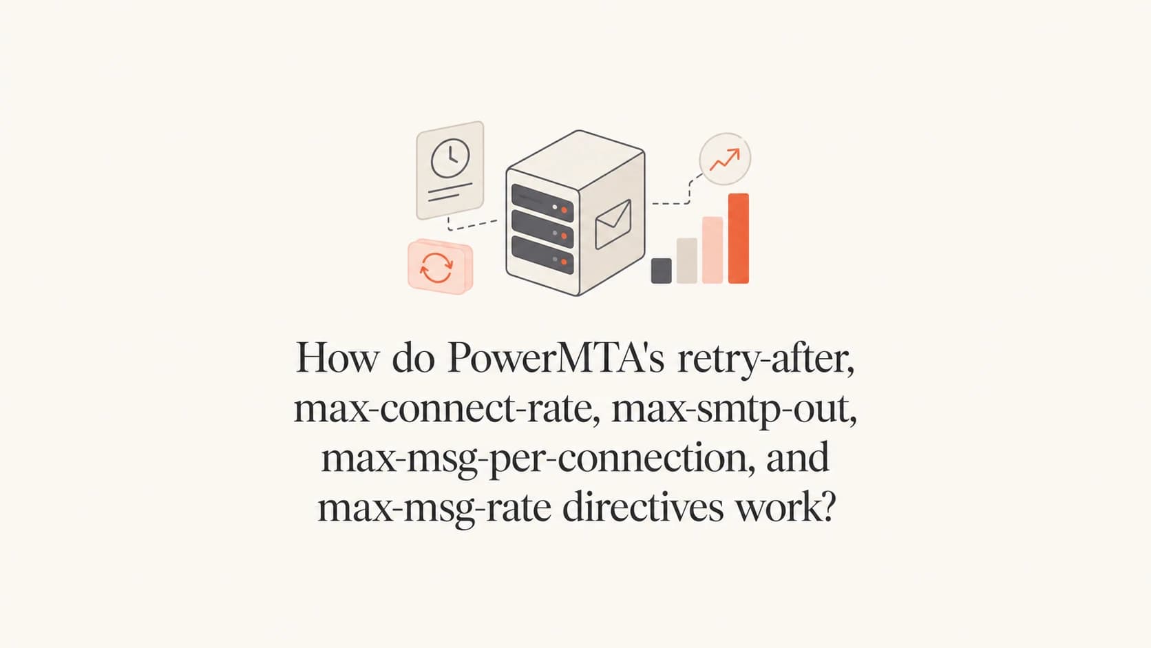 PowerMTA retry and rate limit directives shown as mail server controls.