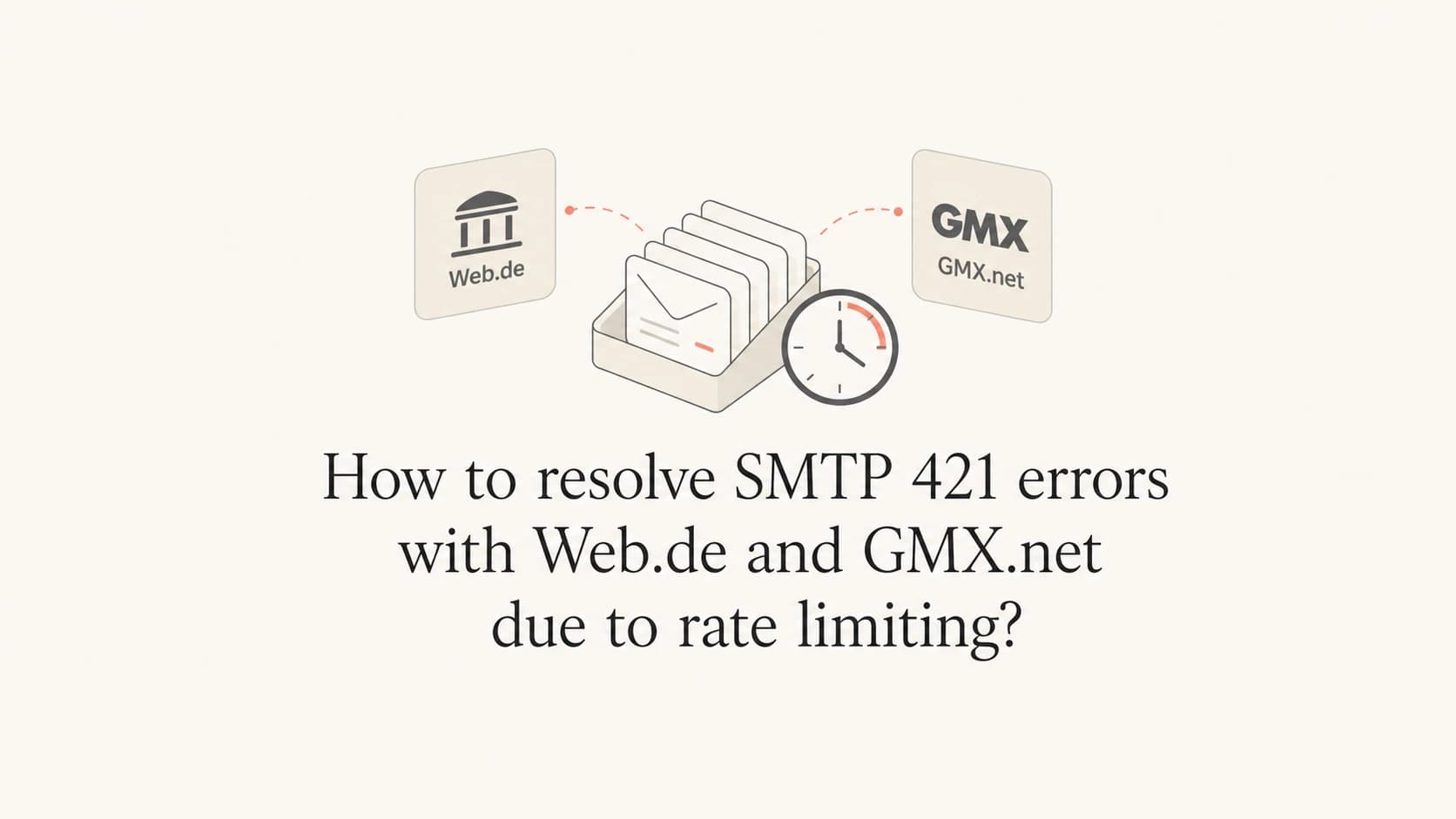 A calm editorial thumbnail showing a mail queue, clock, and Web.de and GMX.net mailbox tiles.