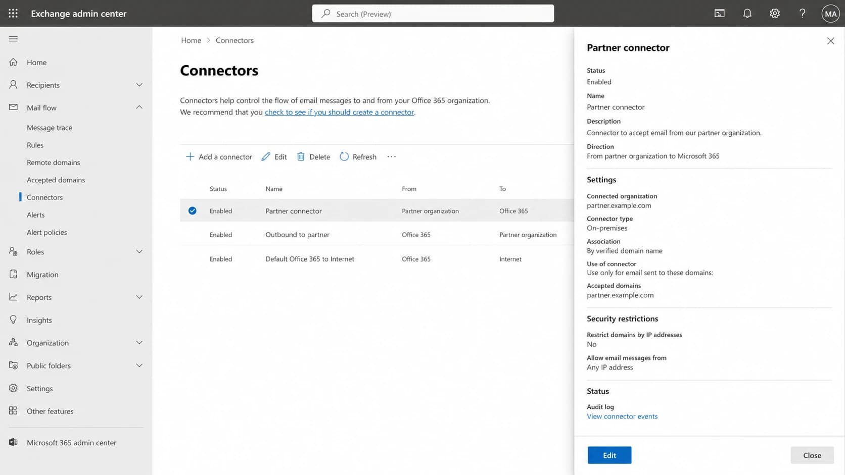 Microsoft Exchange admin center connector settings for trusted mail flow.