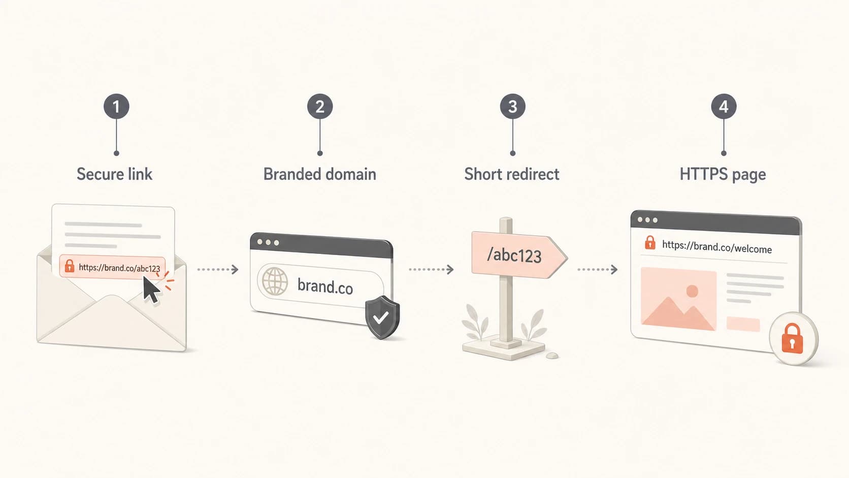 Infographic showing a secure email click path with HTTPS and branded tracking.