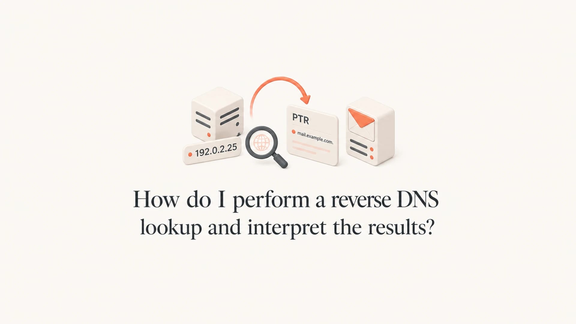 Reverse DNS lookup article thumbnail with IP and PTR record icons.