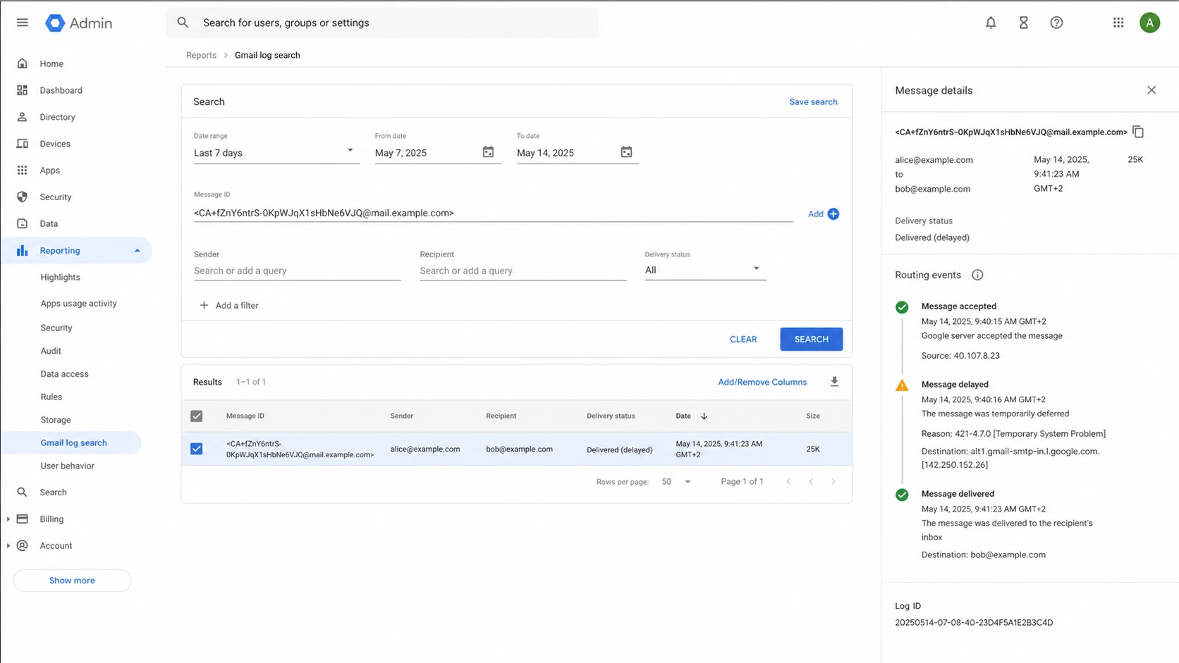 Google Admin console Gmail log search showing message routing events.