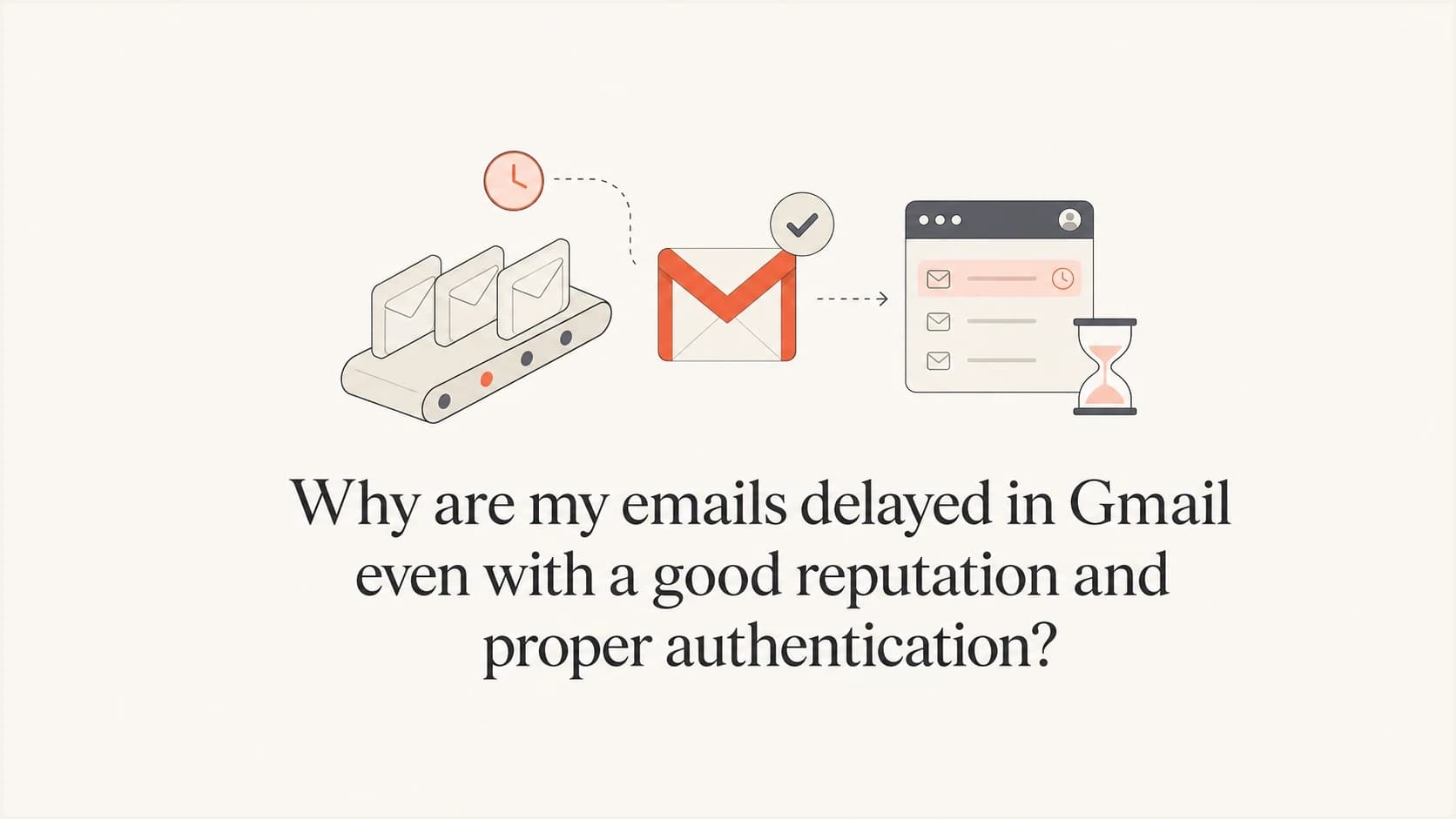 Queued authenticated email moving toward a Gmail inbox after a short delay.