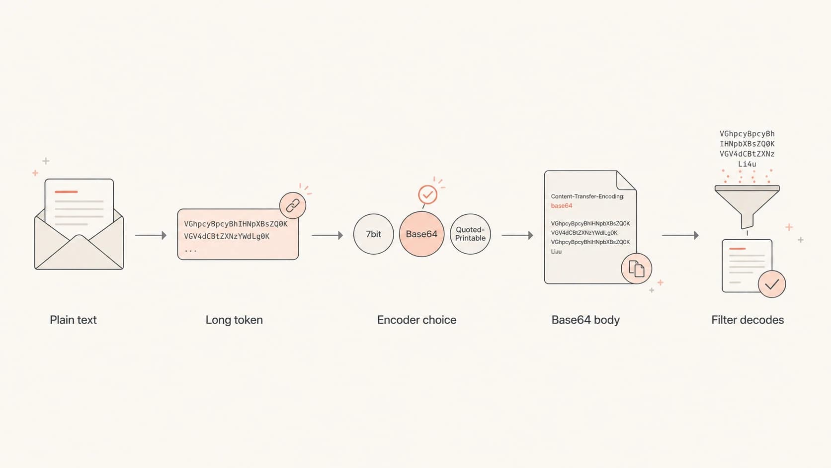 Flowchart showing how long text can lead to base64 encoding before spam filters decode it.