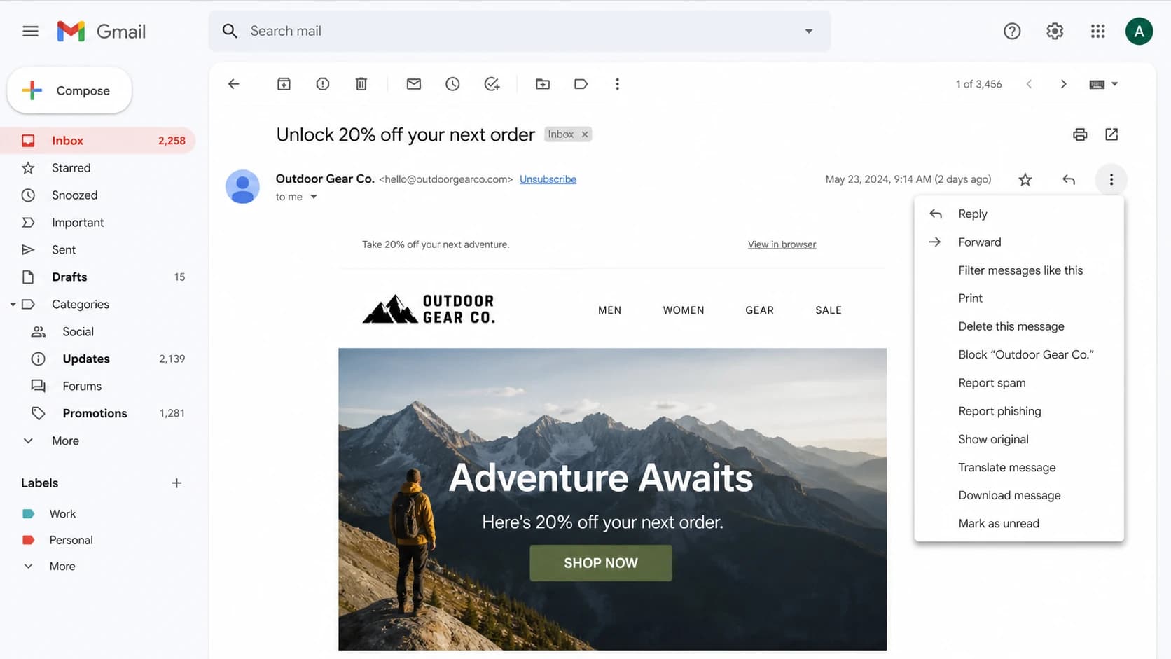 Gmail message view with an unsubscribe link near the sender.
