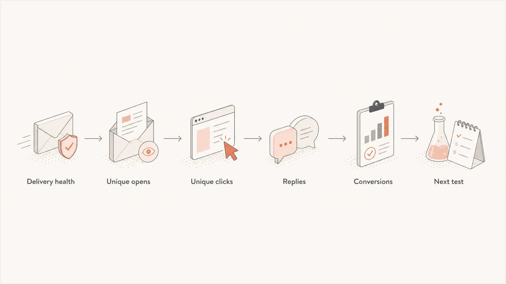 Flowchart showing delivery health, unique opens, unique clicks, replies, conversions, and the next test.