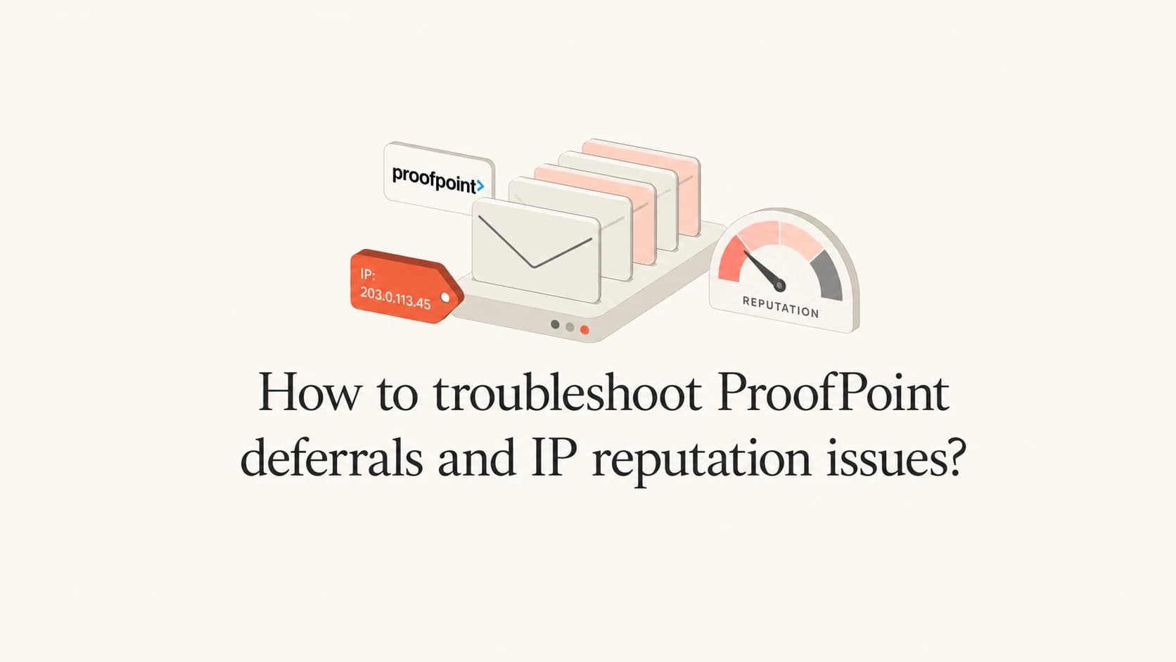 ProofPoint deferral troubleshooting thumbnail with mail queue and IP reputation meter.