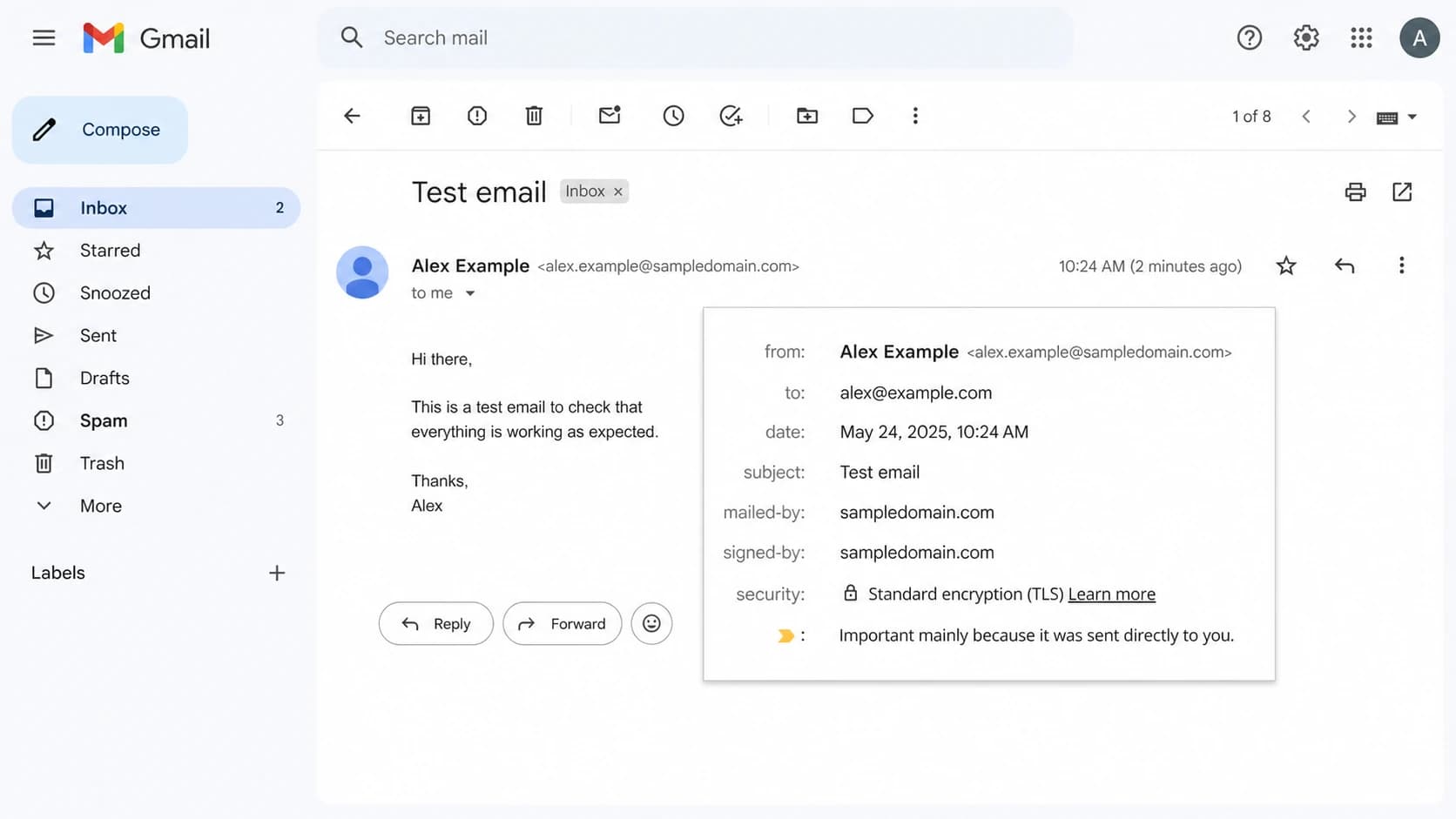 Gmail message details showing mailed-by and signed-by authentication fields.