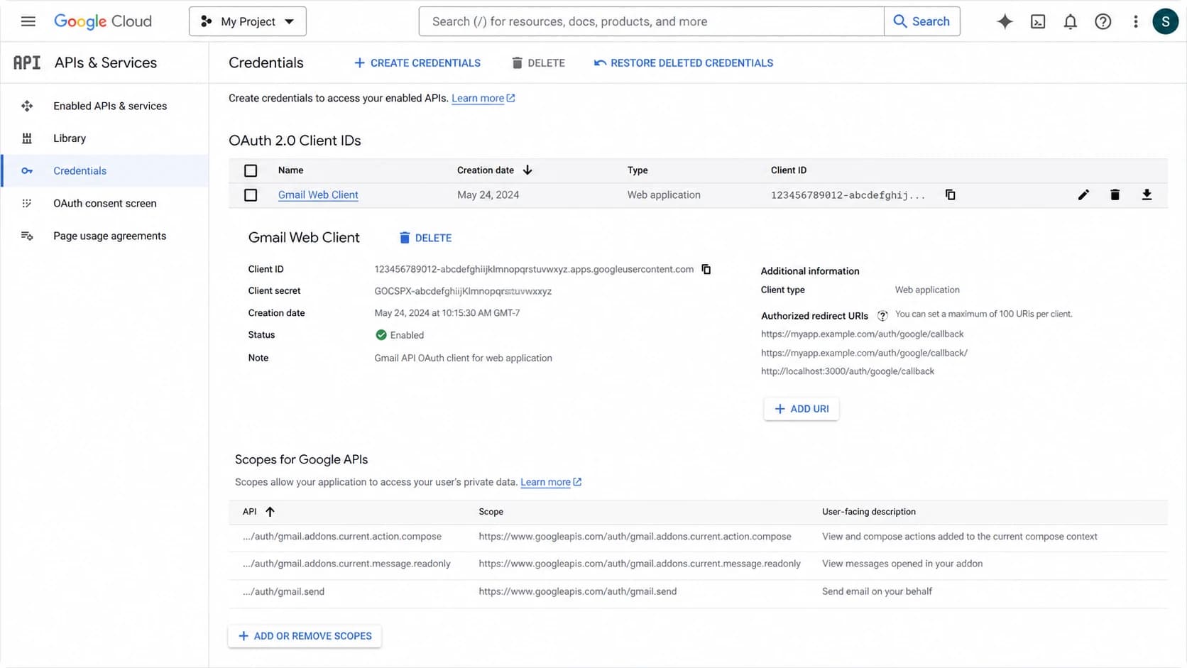 Google Cloud Console credentials screen for a Gmail API OAuth client.