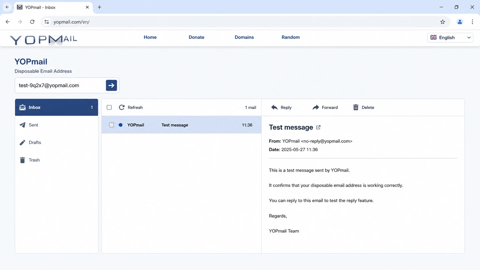 YOPmail disposable inbox screen used for QA email testing.