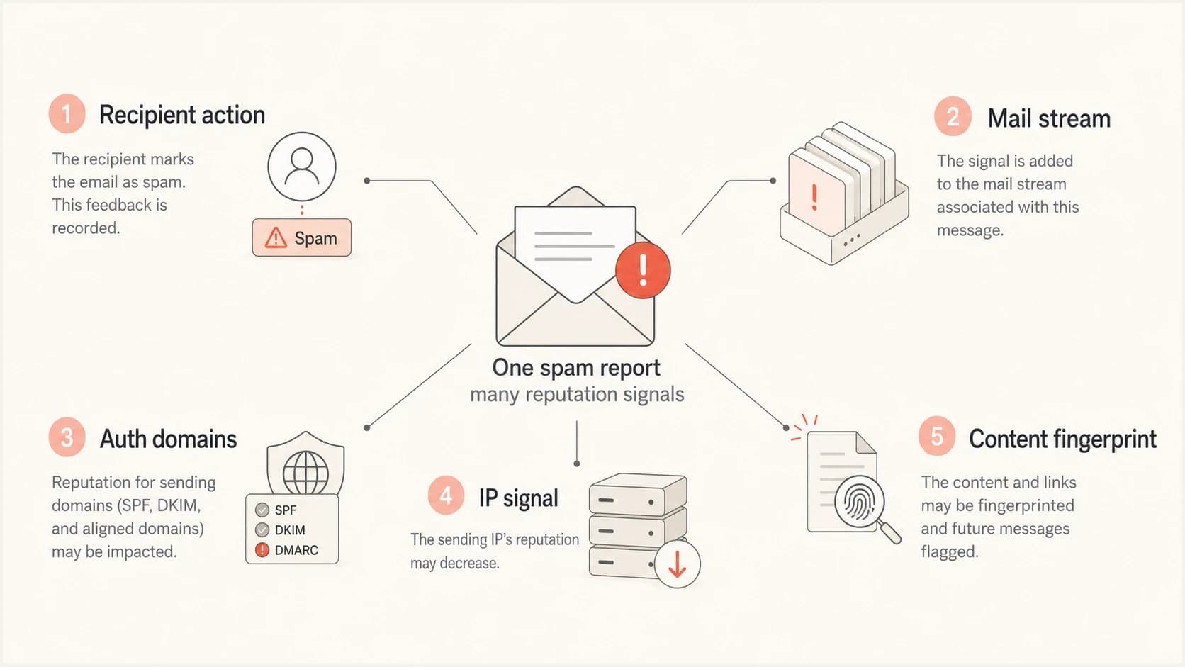 A spam report can affect the mail stream, domains, IP, and content fingerprint.