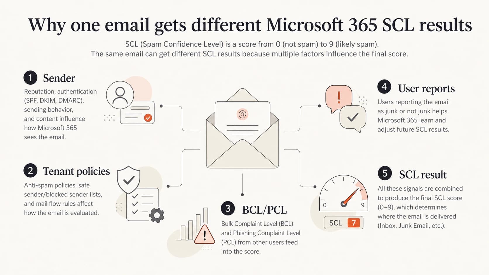 Infographic showing sender, tenant policies, BCL and PCL, user reports, and SCL result.