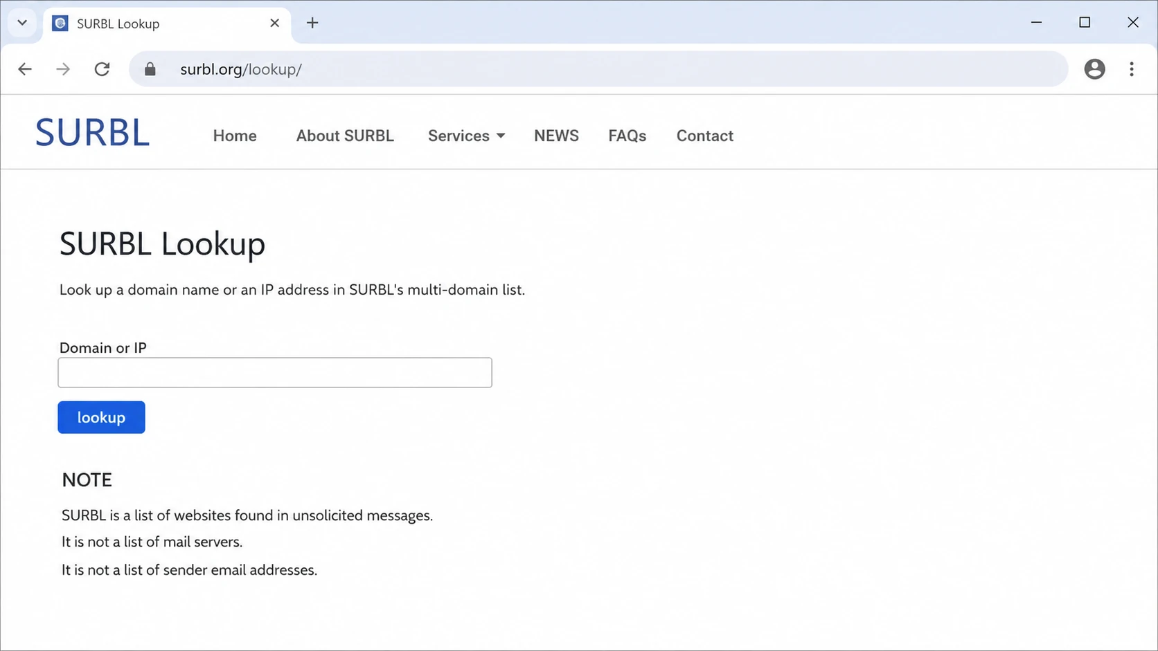A SURBL Lookup page screen with a domain or IP field and policy notes.