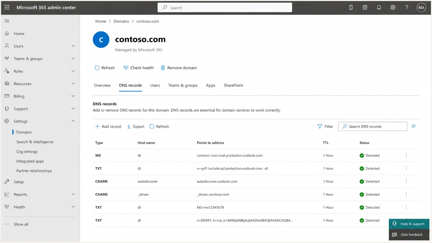 Microsoft 365 domain DNS screen with a DMARC CNAME record