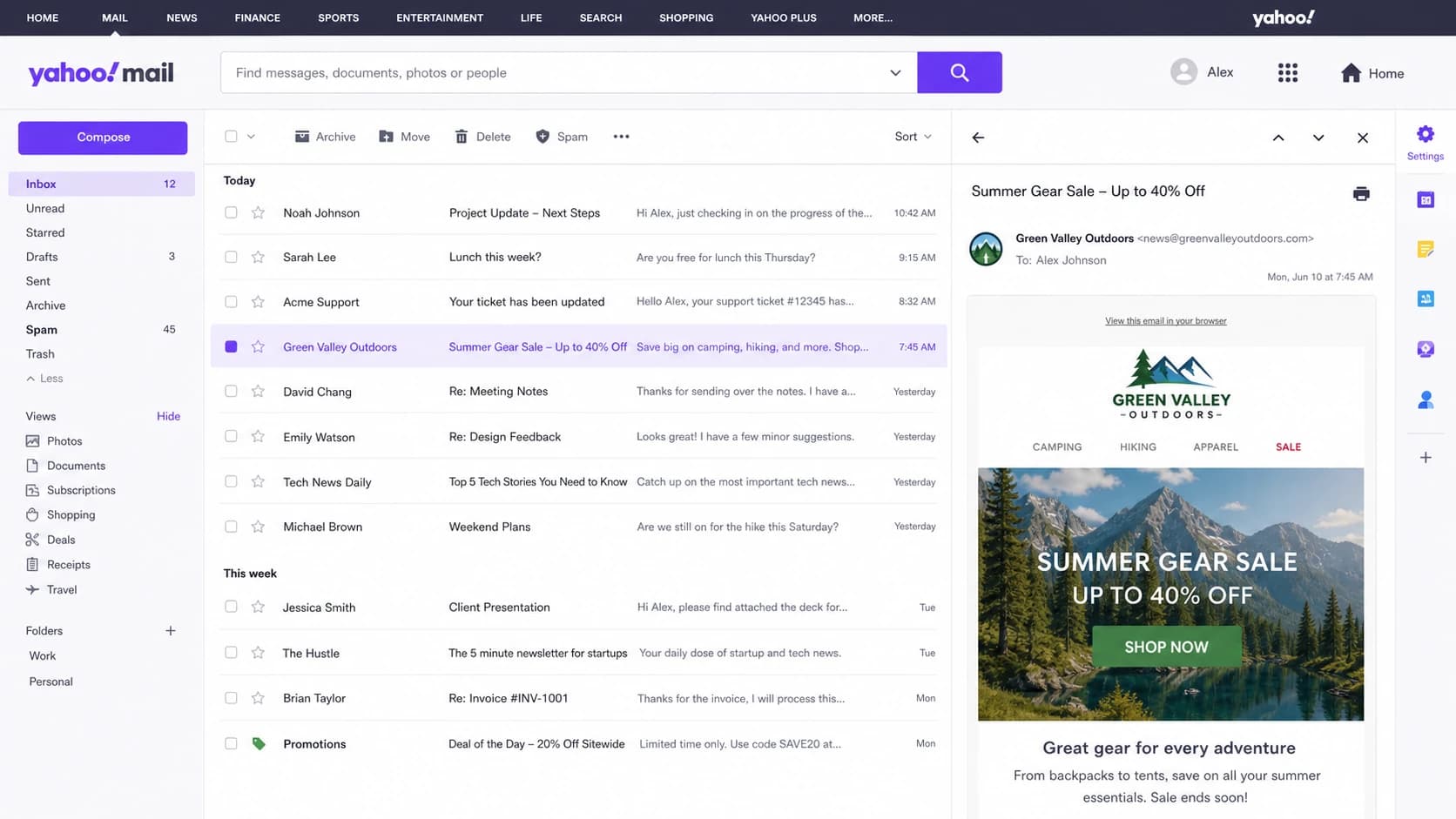 Yahoo Mail inbox view with inbox and spam placement signals