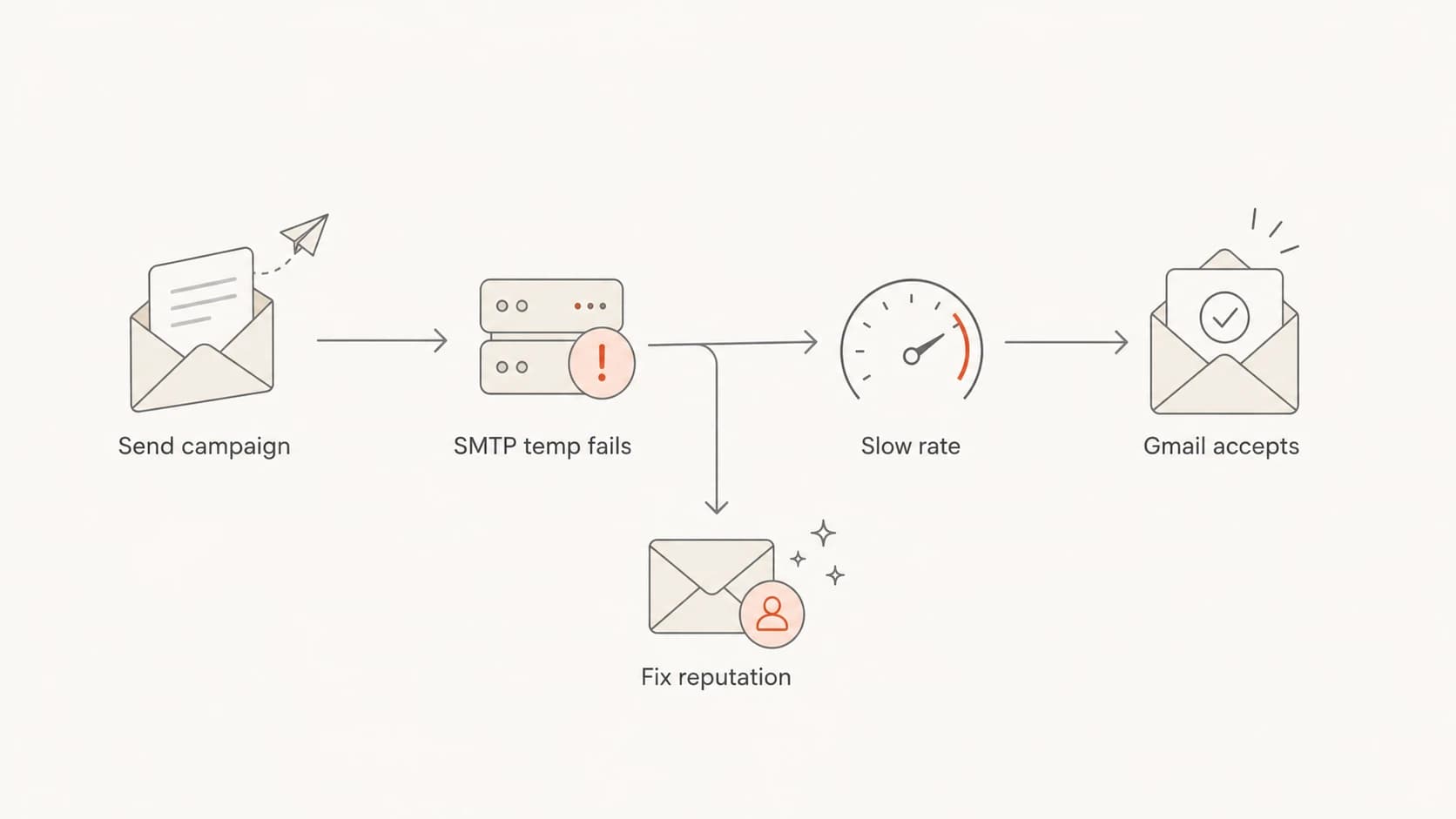 A decision flow showing when throttling helps Gmail delivery and when reputation fixes are needed.