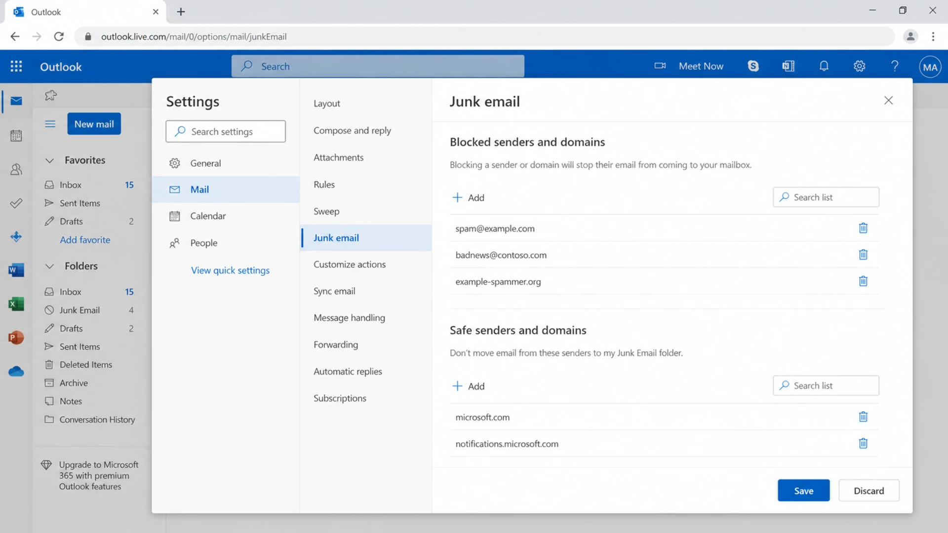 Outlook on the web junk email settings with blocked senders and safe senders.