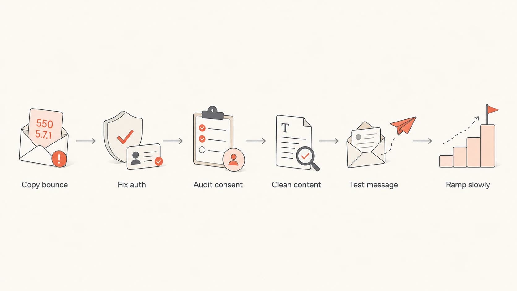 Flowchart for recovering from a Gmail 550 5.7.1 spam block.