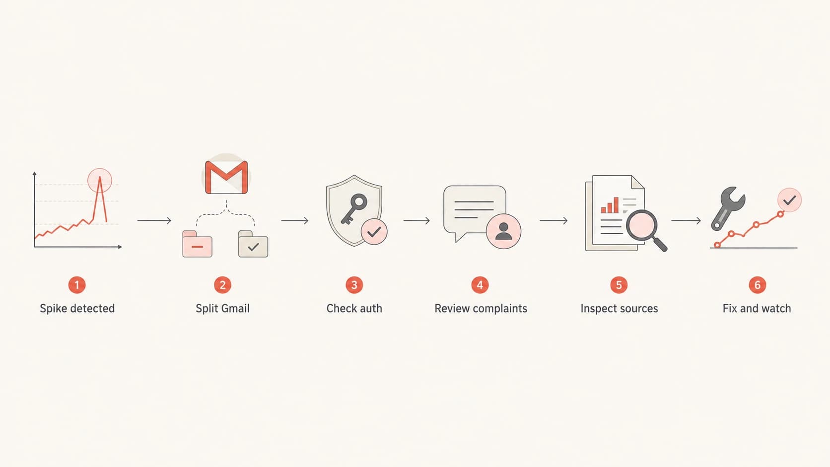 Flowchart showing the order for investigating a sudden Gmail spam filtering spike.
