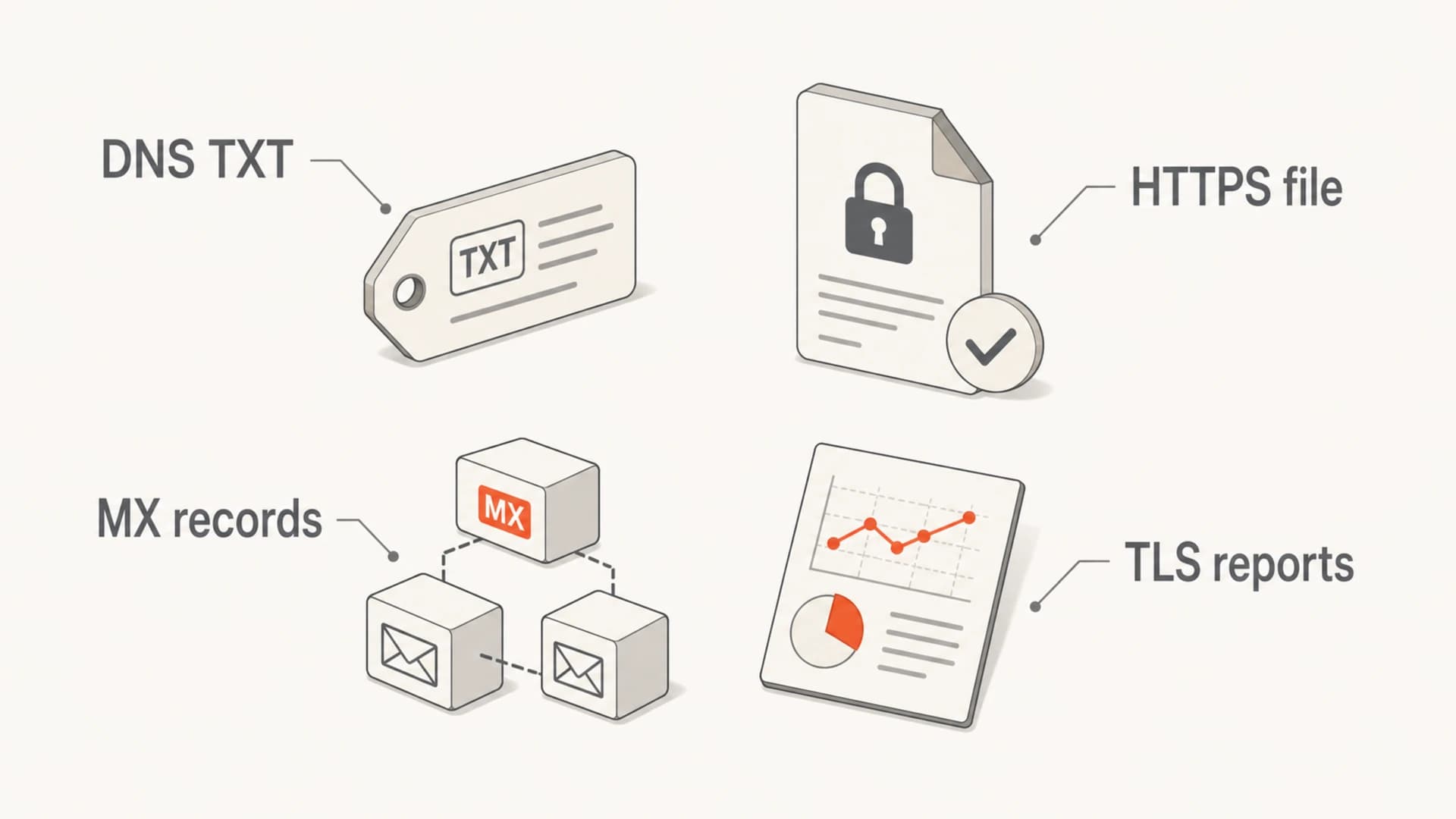 Four evidence sources for verifying an MTA-STS change: DNS TXT, HTTPS file, MX records, and TLS reports.