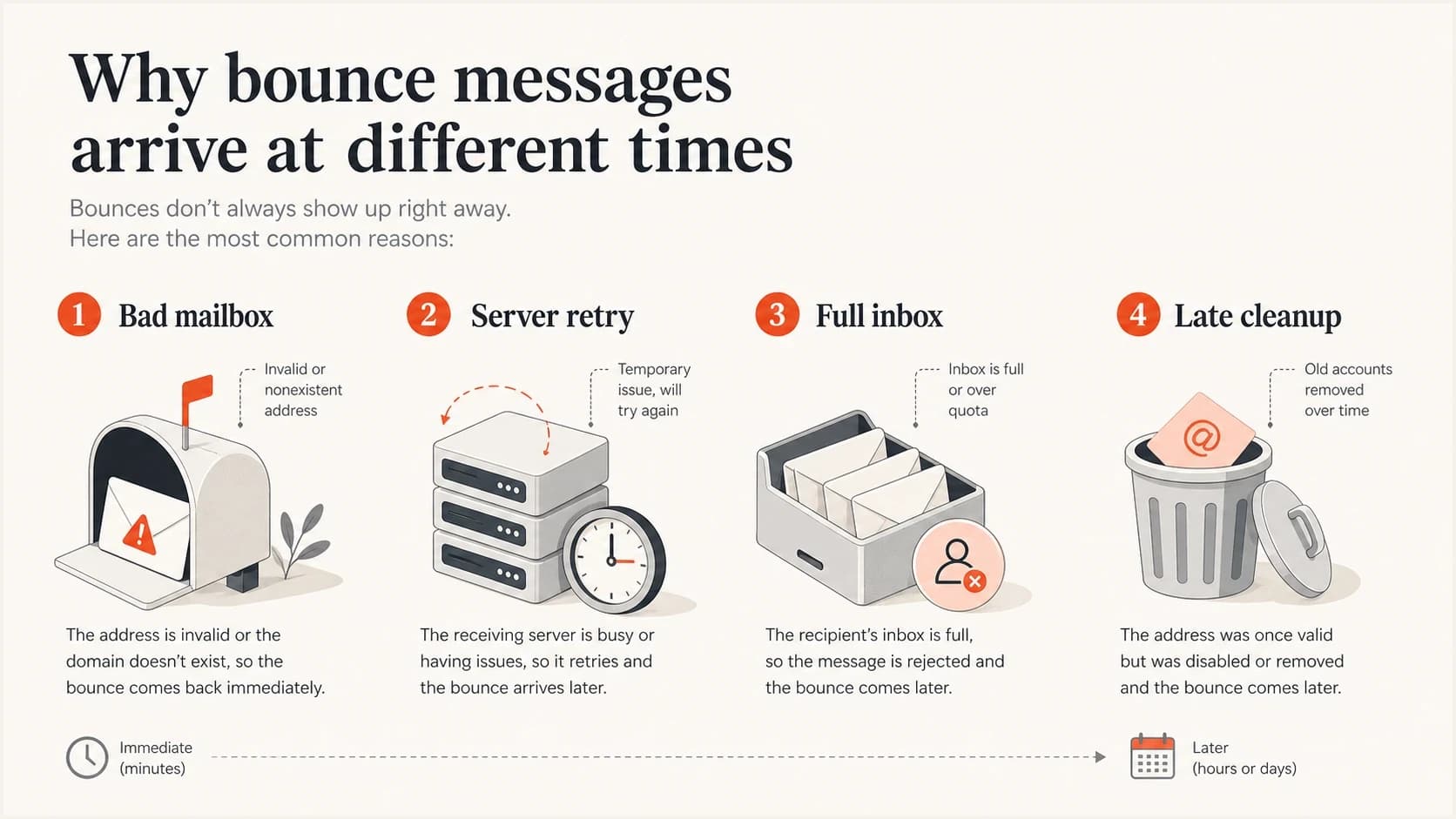 Infographic of common email bounce timing causes: bad mailbox, server retry, full inbox, and late cleanup.