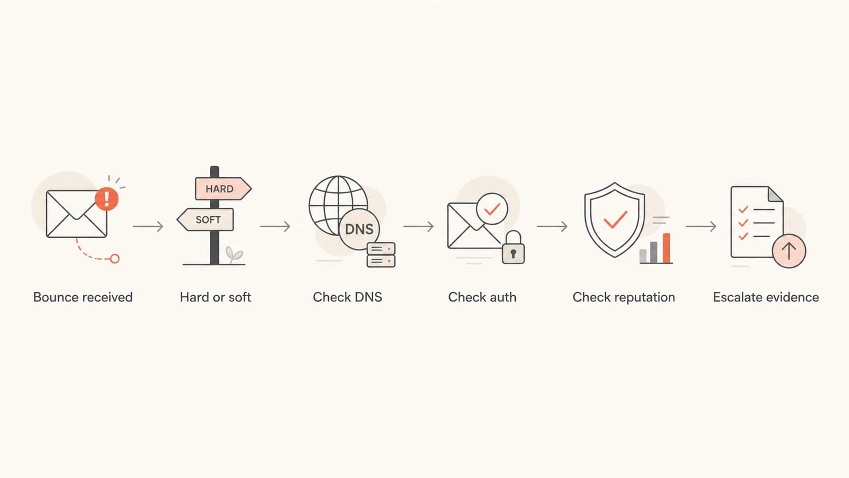 A six-step flowchart for diagnosing an undelivered GoDaddy email message.