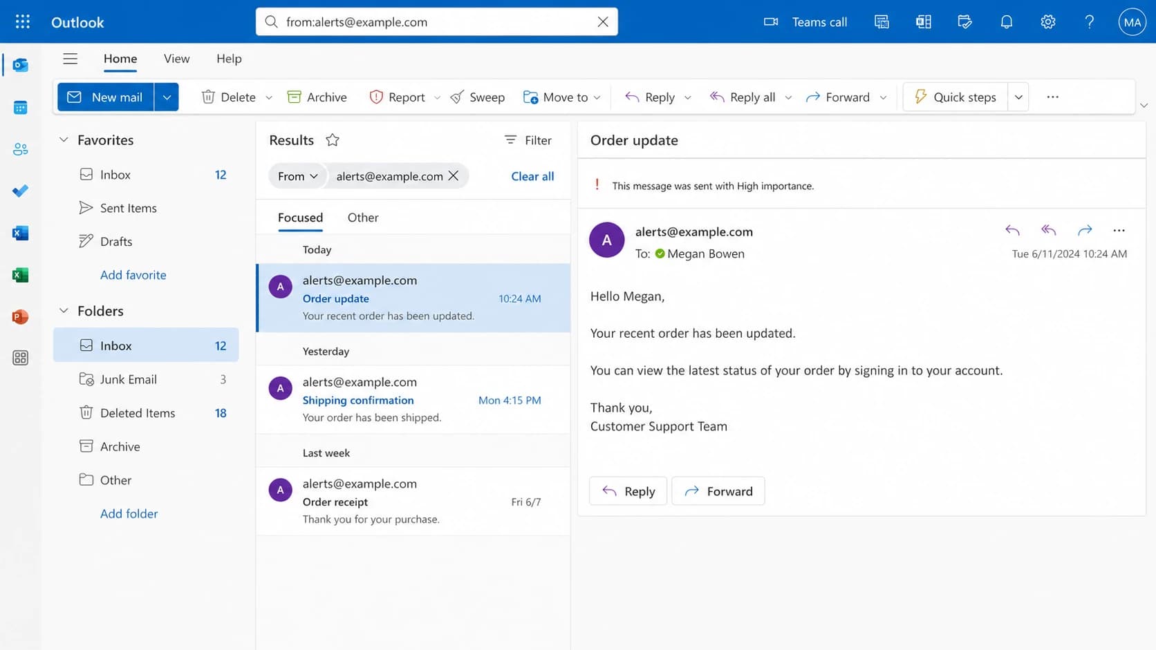 Microsoft Outlook on the web search view checking whether a message is in another folder.