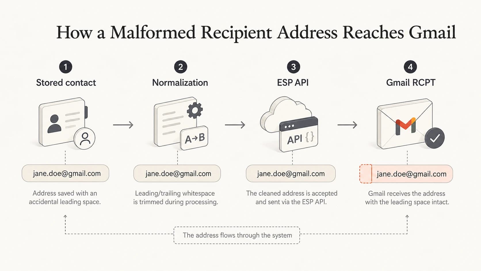 An infographic showing how a stored contact address moves through normalization, ESP API, and Gmail RCPT checks.