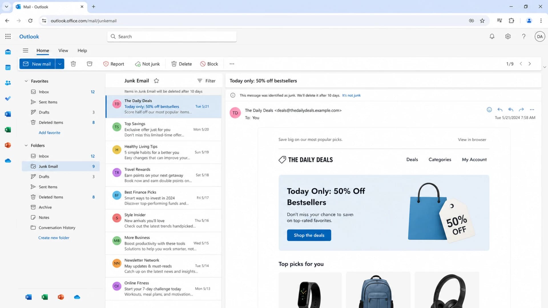Outlook on the web showing Junk Email and the Not junk action.