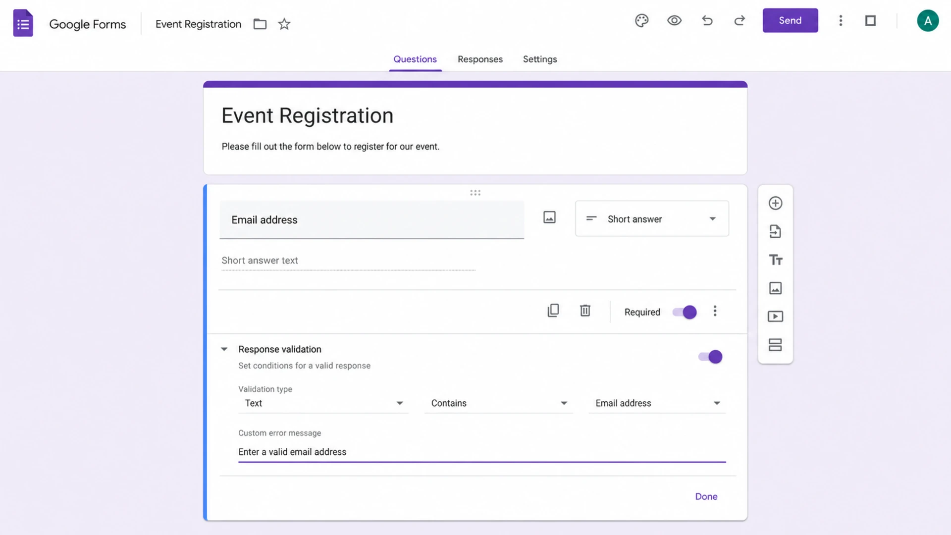 Google Forms response validation settings for an email address field.