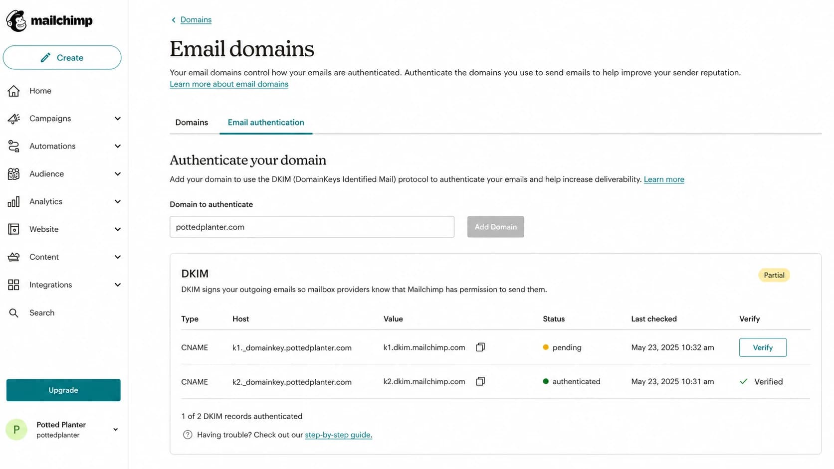 Mailchimp domain authentication screen with DKIM CNAME records and verification status.