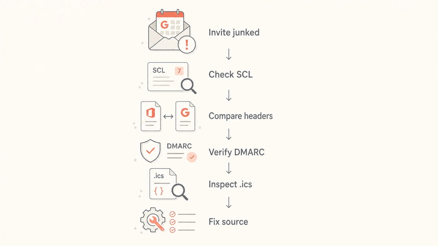 Flowchart for troubleshooting a Google Calendar invite delivered to Office 365 junk.