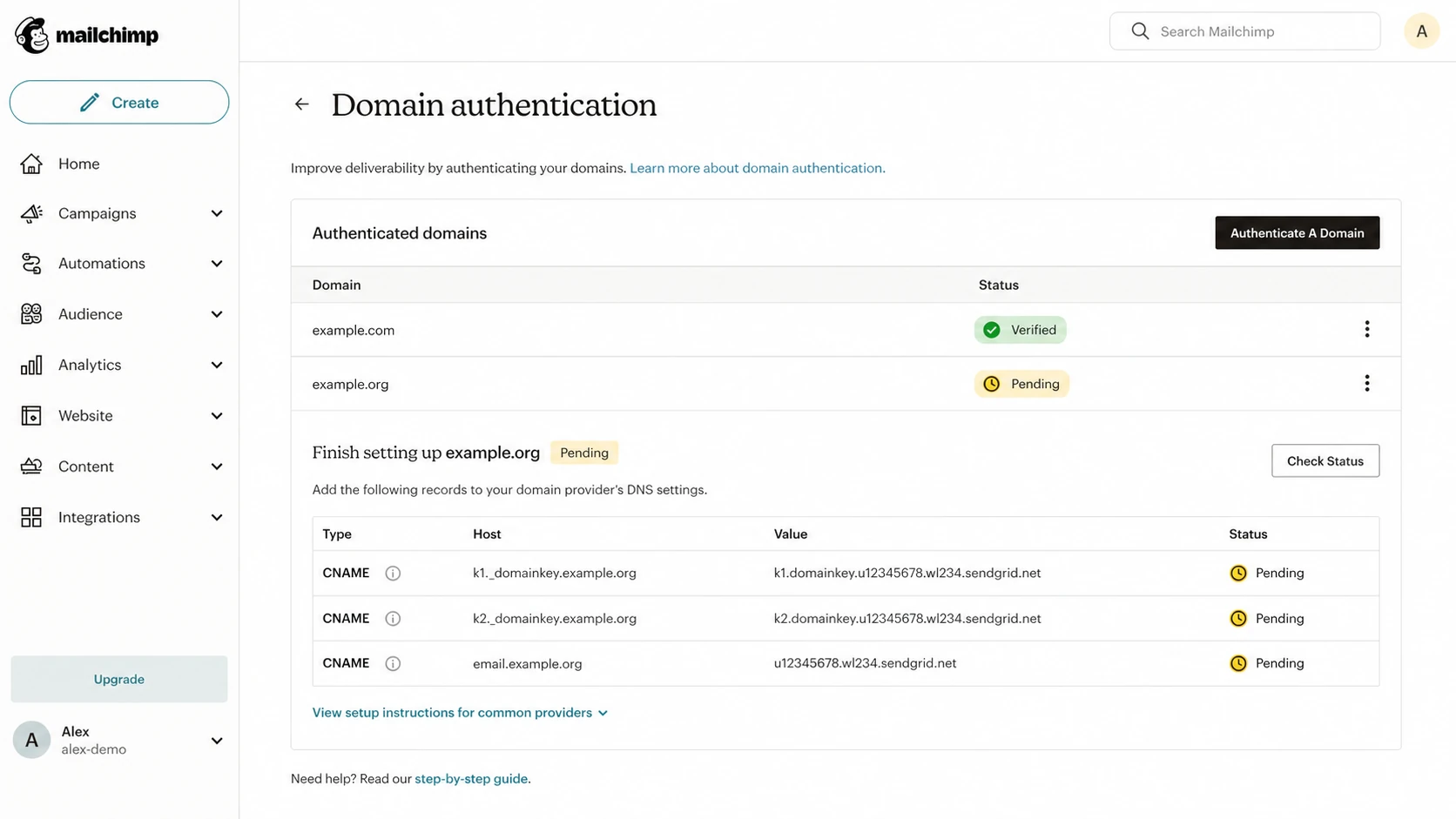 Mailchimp domain authentication screen with CNAME setup rows.