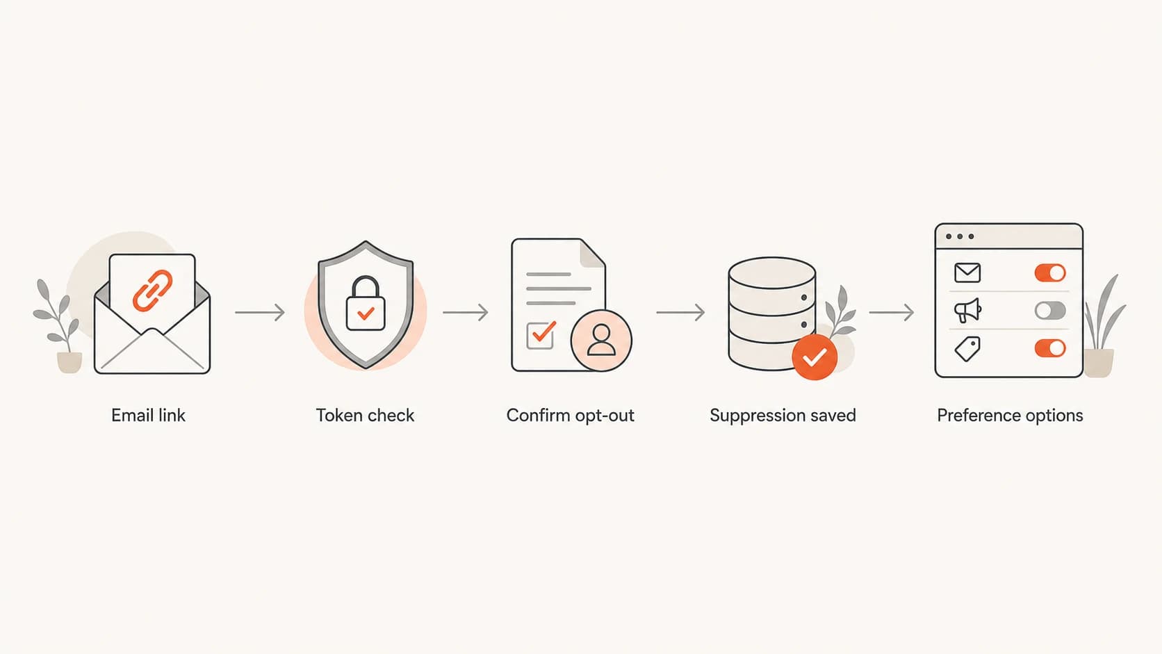Flowchart showing email link, token check, confirmation, suppression, and optional preferences.