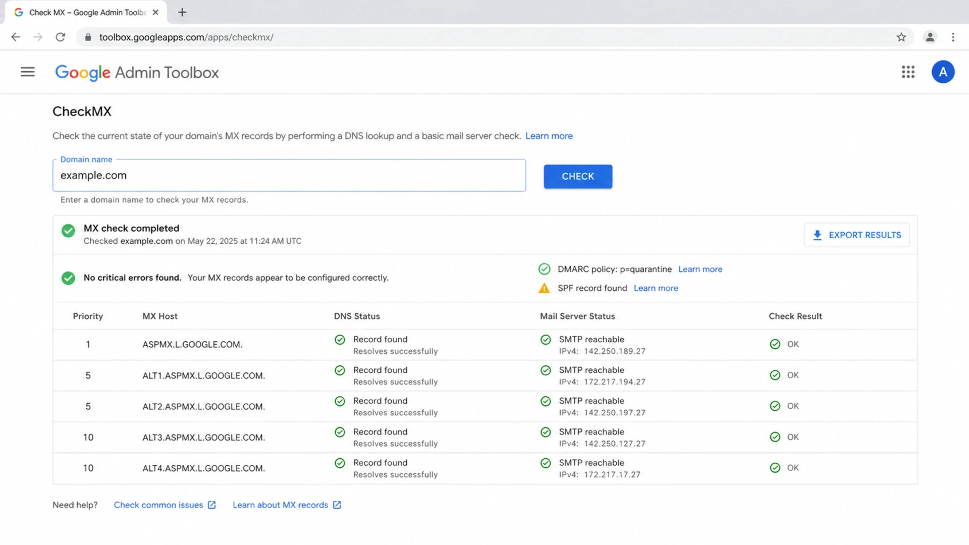 Google Admin Toolbox CheckMX showing MX hosts and DNS diagnostics.