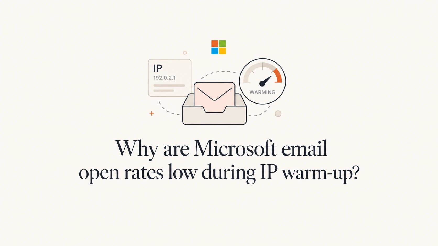 A calm editorial thumbnail about low Microsoft open rates during IP warm-up.