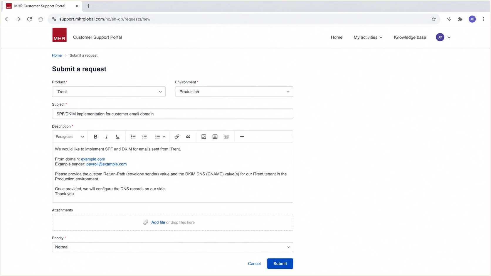 MHR support request for customer-domain SPF and DKIM setup