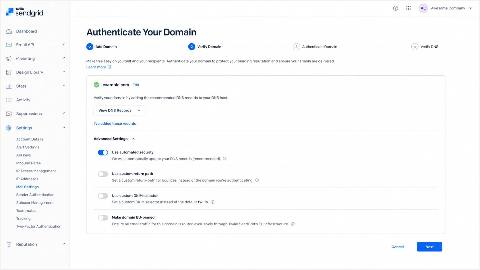 Twilio SendGrid Advanced Settings for domain authentication.