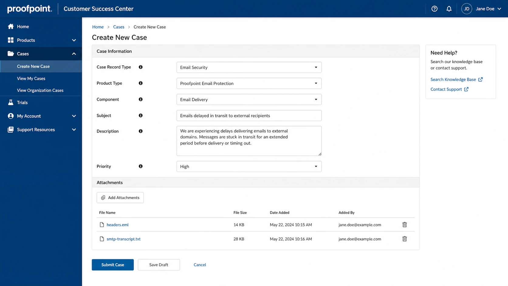 Proofpoint Customer Success Center case form for a delivery issue