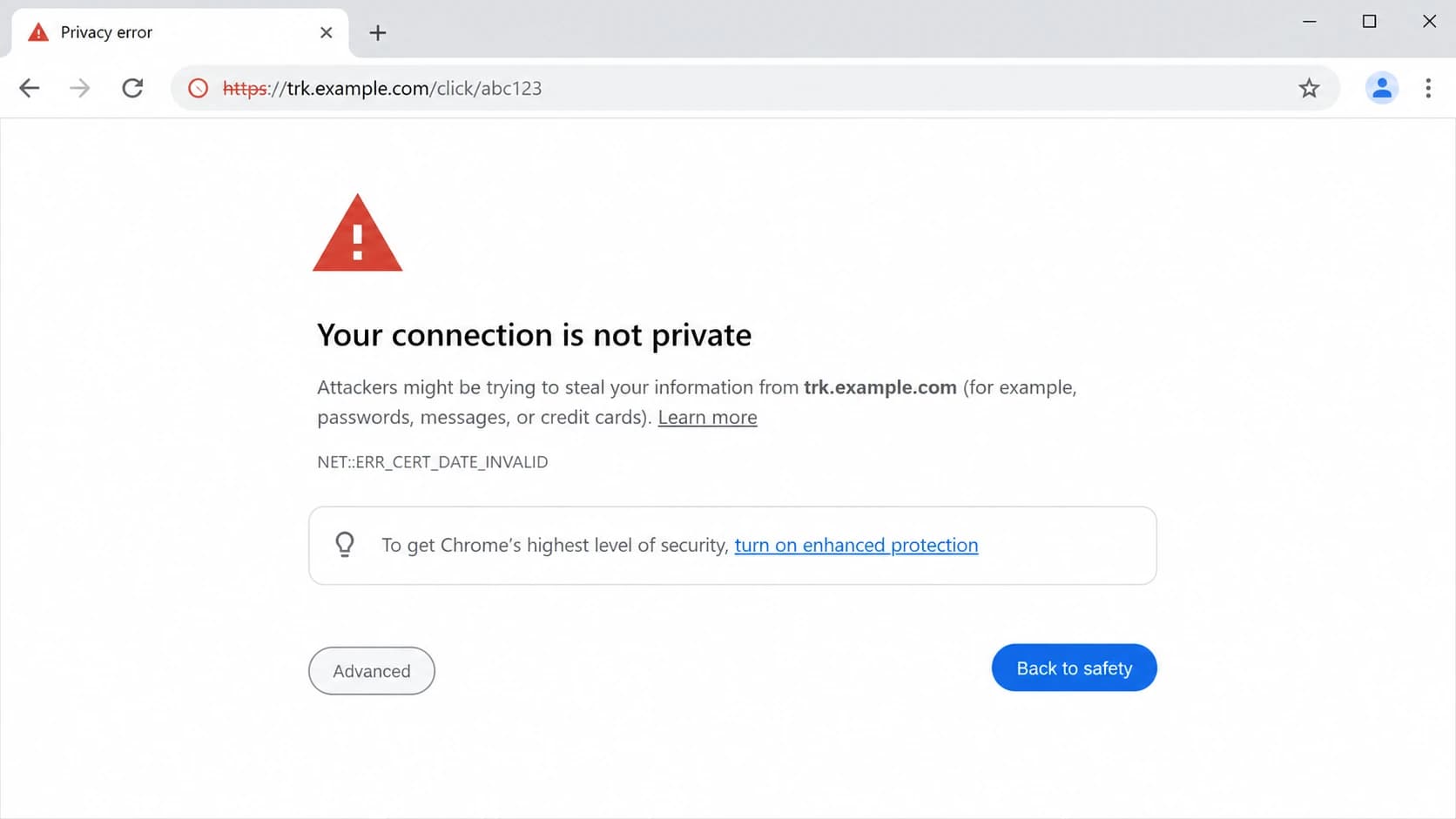 Google Chrome security error on a tracking redirect URL.